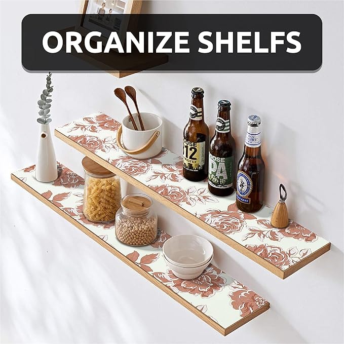 FIFTY FEET 18X96 Inch Shelf Liner for Kitchen Cabinets, PVC Drawer Liner for Dresser Non-Slip Bathroom, Non-Adhesive Cabinet Liner Washable (Red Flower)(3 Roll)