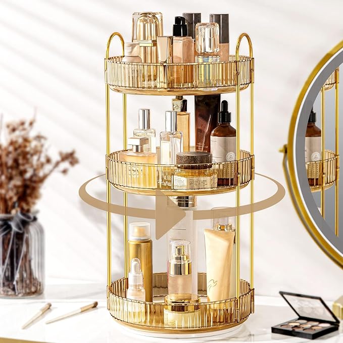 Weidace 360 Rotating Makeup Organizer for Vanity, Bathroom Countertop Spinning Perfume Organizer, High-Capacity Cosmetic and Skincare Dresser Make Up Holder Rack (3 Tiers, Yellow)