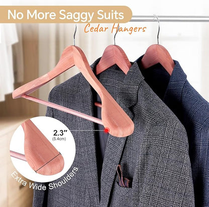 HOUSE DAY Wide Shoulder Cedar Hangers for Suits and Coats with Non Slip Pant Bar,360° Swivel Hook, Smooth Finish Cedar Wood Hangers for Closet, Closet Essentials, 5 Pack