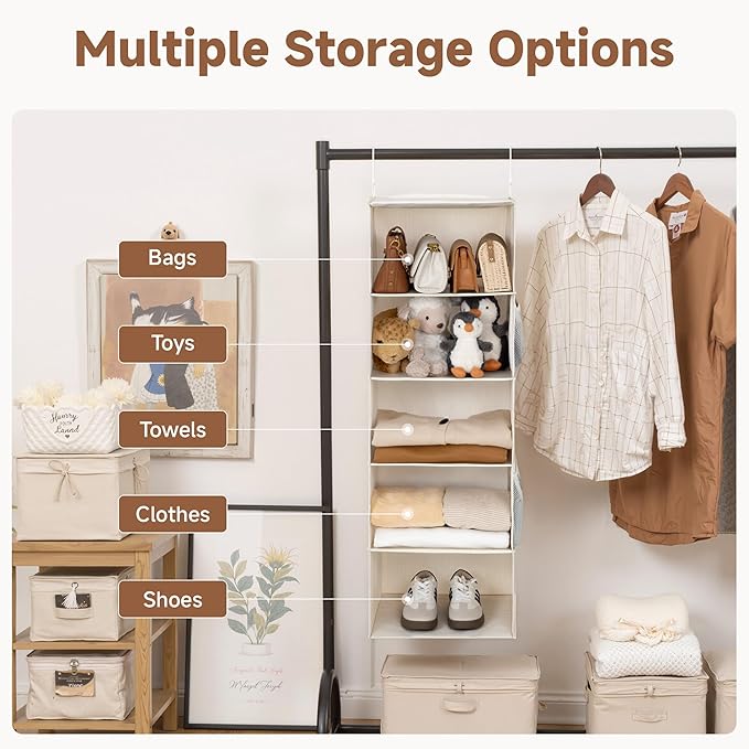StorageWorks 5-Shelf Hanging Closet Organizers, Foldable Closet Storage Organizer with 2 Side Pockets, Portable Hanging Shelves for Clothes, Sweater, 13" D x 15" W x 47 ¾" H, White & Ivory