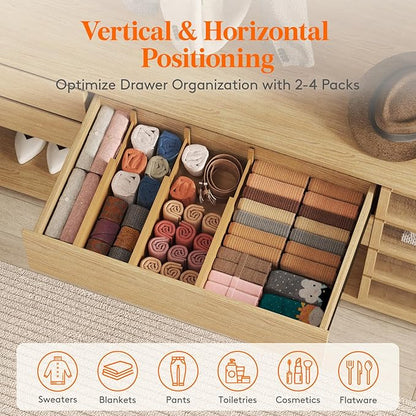 Lifewit 6 Pack 5" Deep Bamboo Drawer Dividers, 13-16.5" Expandable Drawer Organizers for Clothes, Adjustable Dresser Drawer Divider, Clothing Drawer Separators for Dresser, Bedroom, Bathroom, Kitchen