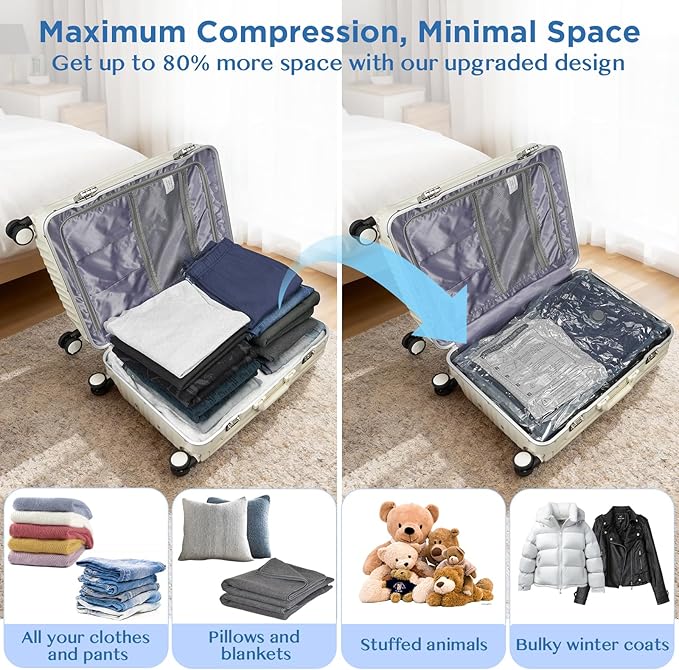 SORON 15 Pack Vacuum Seal Bags for Clothing Travel, Travel Vacuum Storage Bags with Rechargeable air Pump, Carry-on Size Compression for Luggage and Suitcases, Space Saver for Clothes