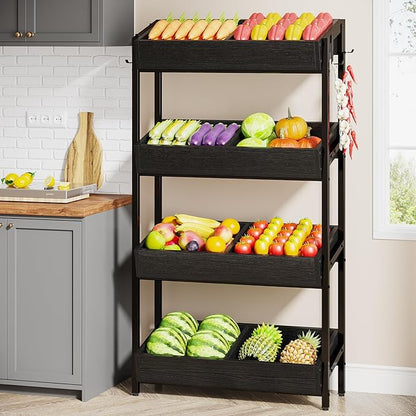 Tribesigns Wood Fruit and Vegetable Basket Stand Rack for Kitchen, Office, Store, Supremarket, Pantry Shelf Unit for Snacks, 4-Tier Wooden Utility Storage Shelves (Black)