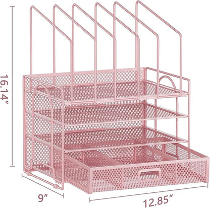 Marbrasse Desk Organizers, 4-Tier Mesh Desk File Organizer with 5 Vertical File Holders and 2 Pen Holders, Multifunction Desktop Organizer,Desk Organizers and Accessories for Home Office (Pink)