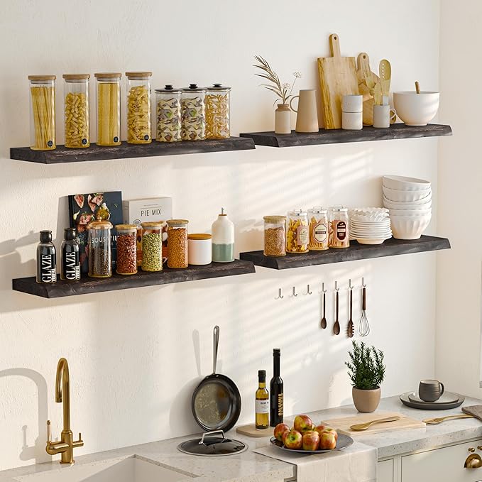 Fun Memories Floating Shelves for Wall Set of 2, Rustic Solid Elm Wood Wall Shelves 24 Inch - Invisible Bracket Mount for Living Room, Bathroom, Bedroom, Kitchen, Natural