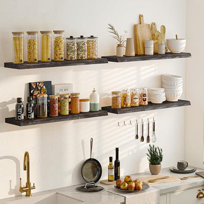 Fun Memories Floating Shelves for Wall Set of 2, Rustic Solid Elm Wood Wall Shelves 24 Inch - Invisible Bracket Mount for Living Room, Bathroom, Bedroom, Kitchen, Natural