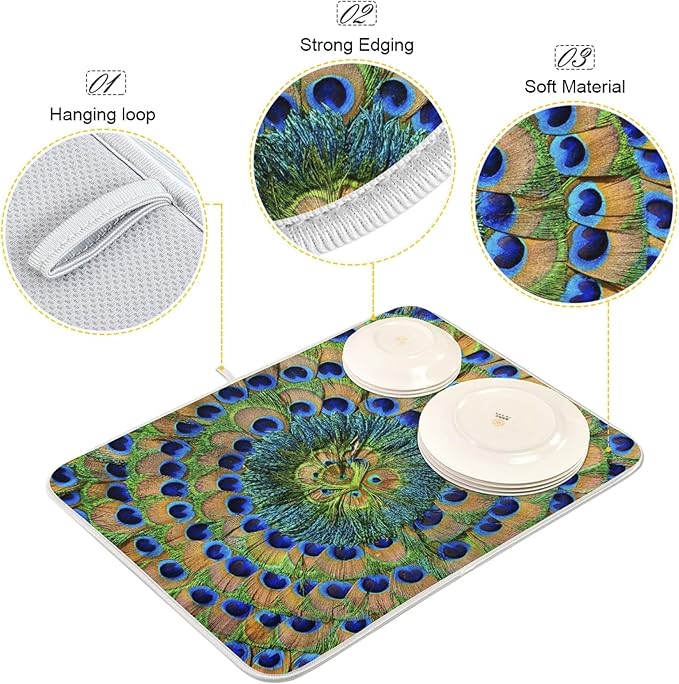 ZzWwR Beautiful Peacock Feathers Absorbent Dish Drying Mat Microfiber Kitchen Countertop Table Protector Multi-Purpose Counter Rack Sink Drainer Pad (16" x 18")