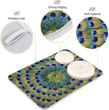 ZzWwR Beautiful Peacock Feathers Absorbent Dish Drying Mat Microfiber Kitchen Countertop Table Protector Multi-Purpose Counter Rack Sink Drainer Pad (16" x 18")