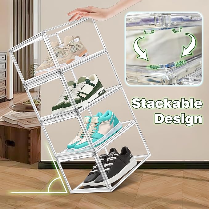 EDS FAM 1 Pack Drop Front Acrylic Shoe Boxes with Magnetic Door Size 12, Clear Stackable Shoe Organizers Sneaker Display Cases for Closet, Entryway, Underbed, Multiple Display Cases for Caps, Figures