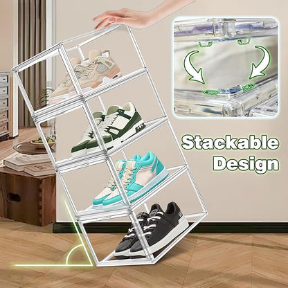 EDS FAM 1 Pack Drop Front Acrylic Shoe Boxes with Magnetic Door Size 12, Clear Stackable Shoe Organizers Sneaker Display Cases for Closet, Entryway, Underbed, Multiple Display Cases for Caps, Figures