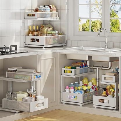 2 Pack Under Sink Organizer with Next-Gen Ball-Bearing Slides,2-Tier Pull Out Cabinet Storage,Height Adjustable Drawer Shelf for Bathroom,Kitchen,Laundry,Cabinet,Pantry(Patent Pending)