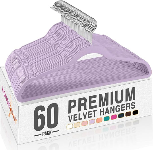 HOUSE DAY Lt-Purple Velvet Hangers 60 Pack, Non Slip Clothes Felt Hanger Heavy Duty for Coat, Premium Slim Space Saving Suit Hangers for Closet Organizer, 360° Rotating Silver Hook
