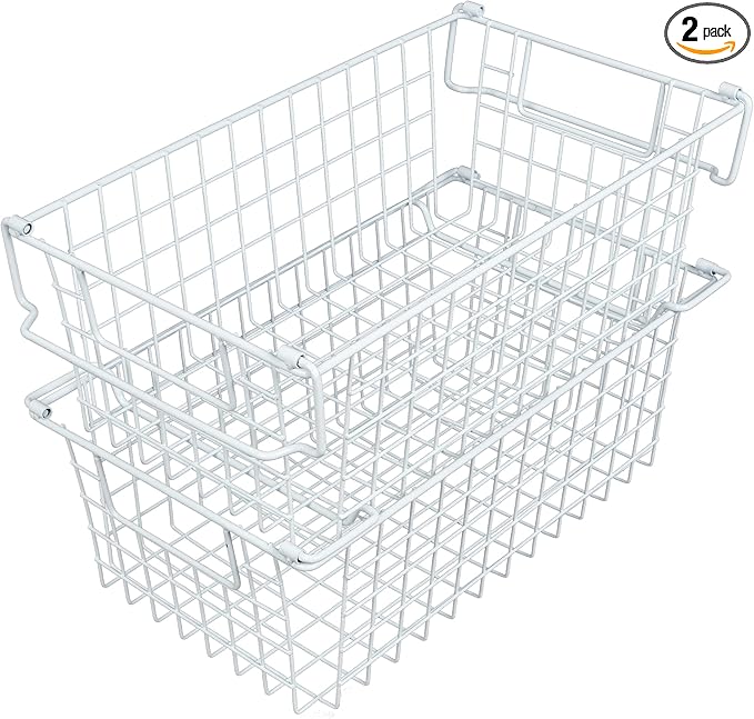 Home-Complete 2 pcs 16"x9" Medium Stackable Wire Baskets, Organizer Stacking Storage Bins for Shelf, Pantry, Kitchen, Cabinets, can also be used in Chest Freezers (White)