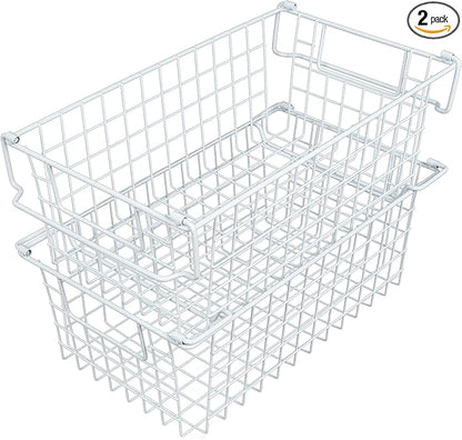 Home-Complete 2 pcs 16"x9" Medium Stackable Wire Baskets, Organizer Stacking Storage Bins for Shelf, Pantry, Kitchen, Cabinets, can also be used in Chest Freezers (White)