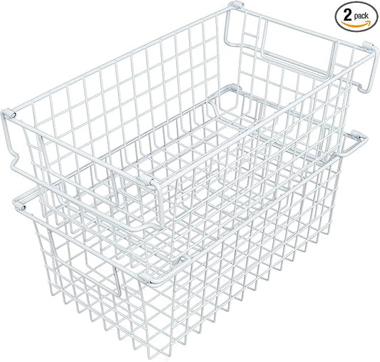 Home-Complete 2 pcs 16"x9" Medium Stackable Wire Baskets, Organizer Stacking Storage Bins for Shelf, Pantry, Kitchen, Cabinets, can also be used in Chest Freezers (White)