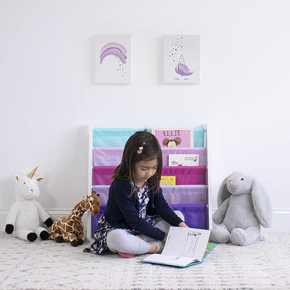 Humble Crew 4-Tier Kids Bookshelf, White/Pink/Purple/Blue - Premium Book Shelf for Kids Rooms with Four Deep Pockets - Toddler Sling Book Rack with Deep Sleeves, Nursery Bookcase Organizer