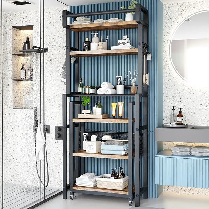 Recaceik 6-Tier Over The Toilet Storage Shelf with Cart, Freestanding Above Toilet Shelf Rack, Farmhouse Bathroom Organizer Shelves, Space Saver (Brown)