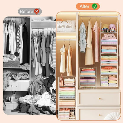 6 Tier Hanging Closet Organizer, Sweater Organizer for Closet, Stackable Wire Storage Basket Bins for Clothes Purse Shoes, Hanging Shelves with 4 Hooks & 3 Dividers Adjustable