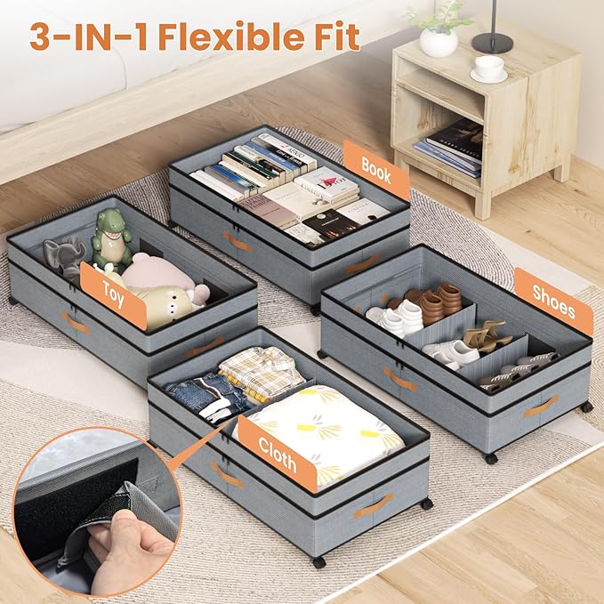 Mqaue Under Bed Storage with Wheels, 72L XXL Under the Bed Storage Containers Large, 10‘’ Tall Adjustable Storage for Underbed with Lids, Rolling for Shoes, Clothes, Blankets, Grey