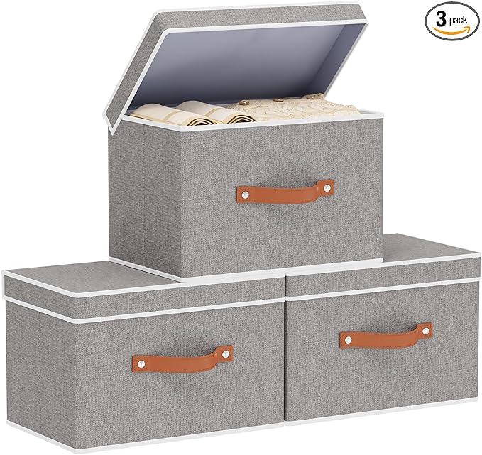 Storage Bins with Lids, Linen Collapsible Boxes, 15 x 9.8 x 9.8 Inch Storage Baskets with Double Handles for Shoes Books, Grey, 3-Pack