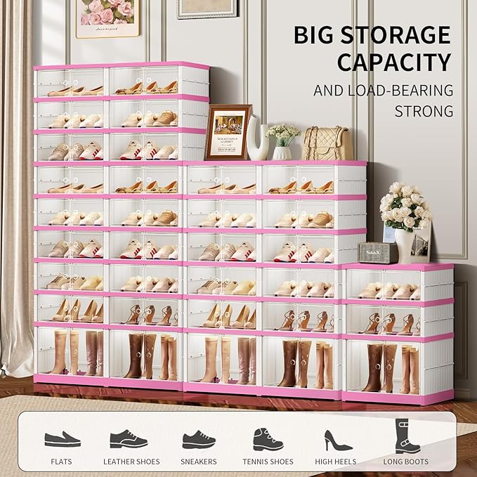 CIMLORD 9-Tier Foldable Shoe Rack Organizer for Closet,36 Pairs Collapsible Plastic Shoe Shelf,Large Shoes Cabinet with Door,Clear Stackable Storage Box Easy Assembly（White-Pink）
