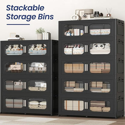 250Gal Exra Large Stackable Storage Bins with Lid, 1000QT Collapsible Storage Box with 6x Wheels, Folding Plastic Cabinet Container with Door Drawer for Home Kitchen Office Dorm, 5Pack Black