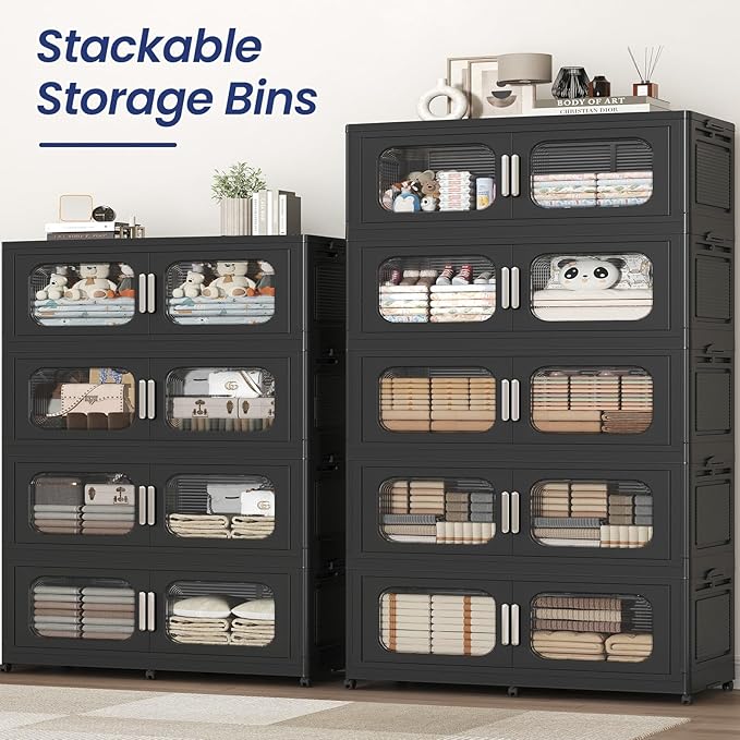 200Gal Exra Large Stackable Storage Bins with Lid, 800QT Collapsible Storage Box with 6x Wheels, Folding Plastic Cabinet Container with Door Drawer for Home Kitchen Office Dorm, 4Pack Black