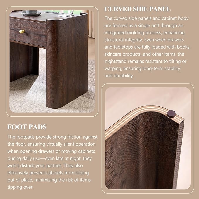 IFGET 23.6" Tall Modern Nightstand with Charging Station, 22" Wide Curved Bedside Table with 1 Storage Drawer, Wooden Night Stand, Large End Table for Bedroom, Living Room, Brown