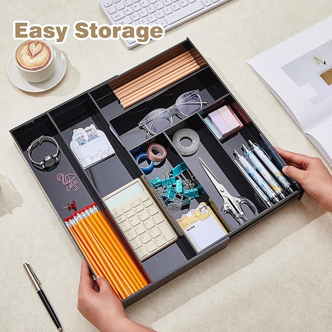 Briwooody 1 Pcs Acrylic Drawer Organizer 9'' up to 18'' x 15'' x 2'' Expandable Drawer Organizer Pens Notebook Ruler Makeup Tray with 7 Adjustable Compartments for Desk Office Kitchen Bathroom(Black)