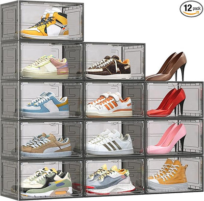 TOFWOF 12 Pack XX Large Shoe Organizer, Heavy-Duty Hard Thicken Plastic Clear Stackable Shoe Storage Box Organizer for Closet, Space-Saving Shoe Rack Display Case Bin Containers for Sneakers, Grey