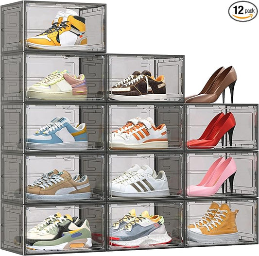 TOFWOF 12 Pack XX Large Shoe Organizer, Heavy-Duty Hard Thicken Plastic Clear Stackable Shoe Storage Box Organizer for Closet, Space-Saving Shoe Rack Display Case Bin Containers for Sneakers, Grey