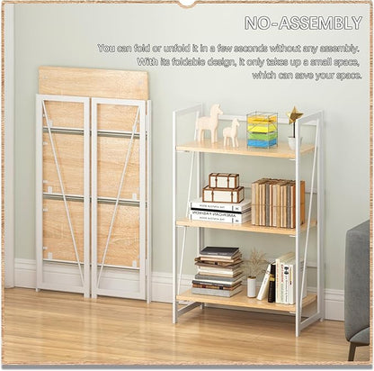 4NM No Assembly 3 Tiers Collapsible Book Shelves, Folding Bookshelf Bookcase Open Industrial Foldable Shelves for Bedroom, Living Room, Home Office - Natural White