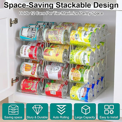 cjc Can Organizer for Pantry, Can Organizer for Fridge, Holds 48 Cans Clear Stackable, Soda Pantry Organizers and Storage Auto-Rolling & Free Combination for Countertop Kitchen Cabinet 3 Sets 4 Tiers