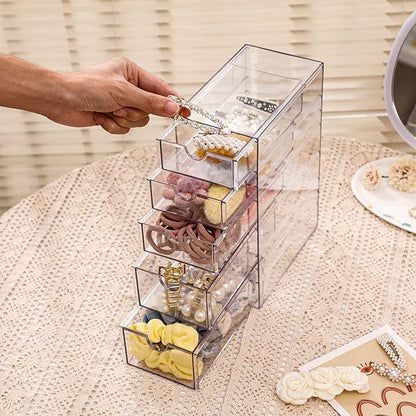 FABROK Clear Hair Accessory Organizer Box with 5 Drawers, Compact Storage Organization Drawers Set for Cosmetics, Glasses, Stationery, Stackable Storage Containers Box for Bathroom, Closet, Office