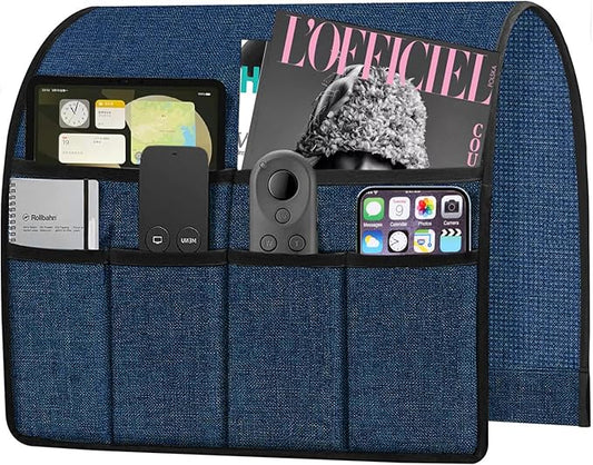 Ntomtuex Armchair Caddy Remote Control Holder for Couch Recliner, Armrest Pocket Organizer for Couch Arm Chair with 7 Pocket for Magazines, Eyeglass, ipad, Phone, Dark Blue