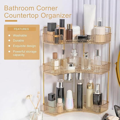 INVSSENE Corner Bathroom Countertop Organizer, Vanity Organizer Trays for Counter, Makeup Organizers, Perfume Tray, Skincare Shelf Storage Gifts for Women Girl Student (Yellow, 3 Tiers)