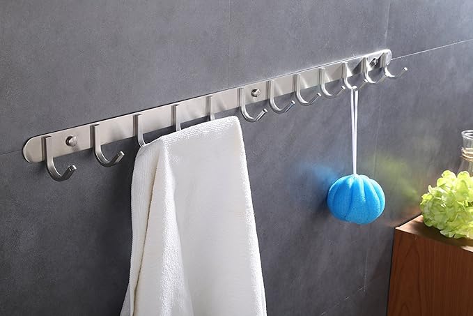 QT Home Decor Hook/Coat Rack with 12 Square Hooks-Modern Wall Mounted - Ultra Durable with Solid Steel Construction,Brushed Stainless Steel Finish,Super Easy Installation,Rust and Water Proof.