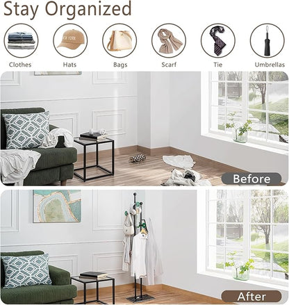 Free Standing Coat Rack with Marble Base & 8 Hooks Heavy Duty Clothes Rack for Entryway Bedroom Living Room Hotel 14.96 x 10.24 x 68.9 Inches (Black)