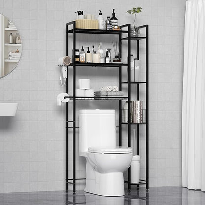 QOOIE Over The Toilet Storage with Wooden Shelves and Side Rack, 7-Tier Black Over Toilet Bathroom Organizer Freestanding Storage Shelf for Toilet Paper, Towels, Toiletries, 31.5" Wide