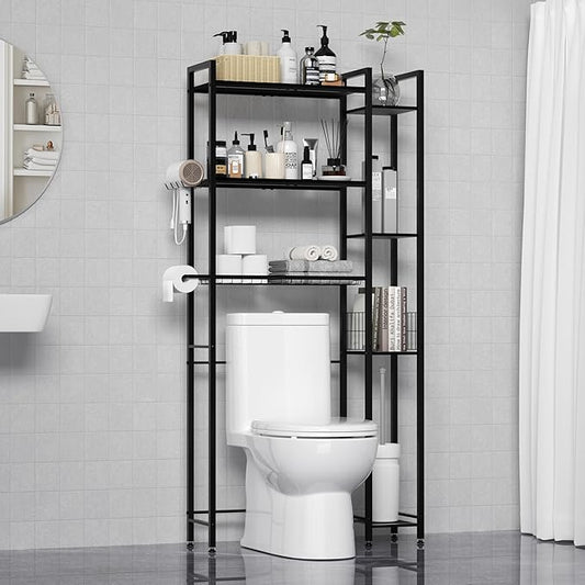 QOOIE Over The Toilet Storage with Wooden Shelves and Side Rack, 7-Tier Black Over Toilet Bathroom Organizer Freestanding Storage Shelf for Toilet Paper, Towels, Toiletries, 31.5" Wide