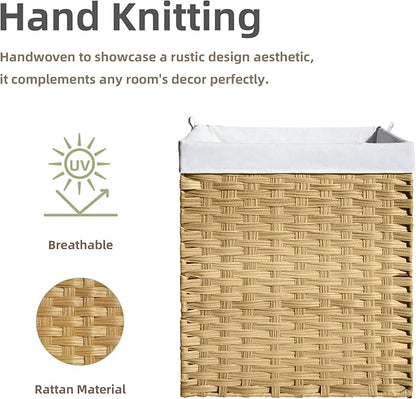 Woven Laundry Hamper with Lid,24Gal (90 L) Rattan Wicker Laundry Basket 2 Sections with Lid, Removable Machine Washable Line, Large Clothes Hamper with Handles for Bathroom Bedroom, Yellow