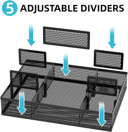 Marbrasse 2 Pack Desk Drawer Organizer, Mesh Drawer Organizer Tray with 8 Adjustable Compartments, Desk Organizers and Accessories, 5 Dividers Drawer for Office Supplies, Makeup & Vanity (Black-2P)