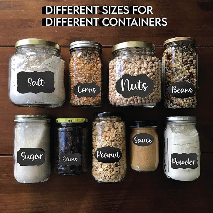 Mantah Chalkboard Label Stickers 96pcs - 9 Assorted Shapes in 3 Sizes with 2 White Chalk Marker, Reusable Waterproof Label for Storage Bin, Food Container, Jars, Containers