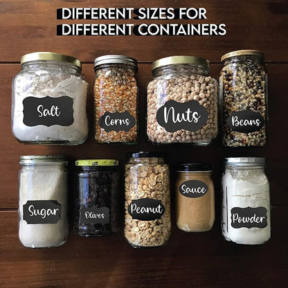 Mantah Chalkboard Label Stickers 96pcs - 9 Assorted Shapes in 3 Sizes with 2 White Chalk Marker, Reusable Waterproof Label for Storage Bin, Food Container, Jars, Containers
