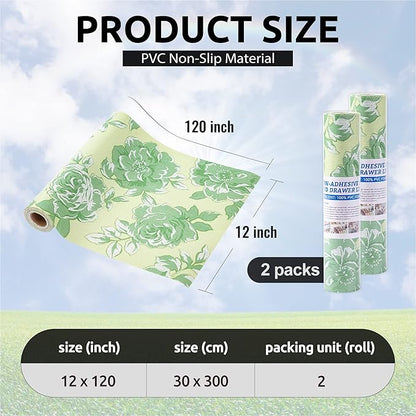FIFTY FEET 12X120 Inch Shelf Liner for Kitchen Cabinets, PVC Drawer Liner for Dresser Non-Slip Bathroom, Non-Adhesive Cabinet Liner Washable (Green Flower)(2 Roll)