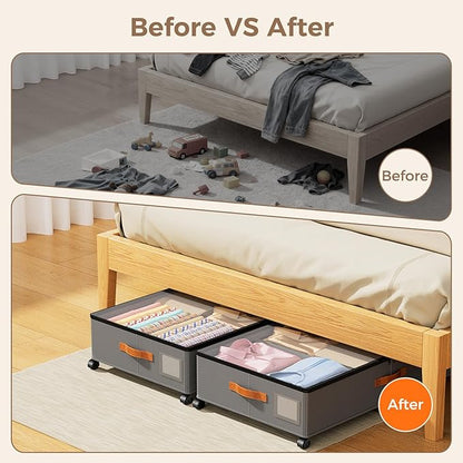 LYCDZT Under Bed Storage with Wheels, Large Capacity UnderBed Containers with Clear Lids, Shoe Organizer Under Bed Drawers, Rolling Under the Bed Storage for Clothes, Shoes, Blankets