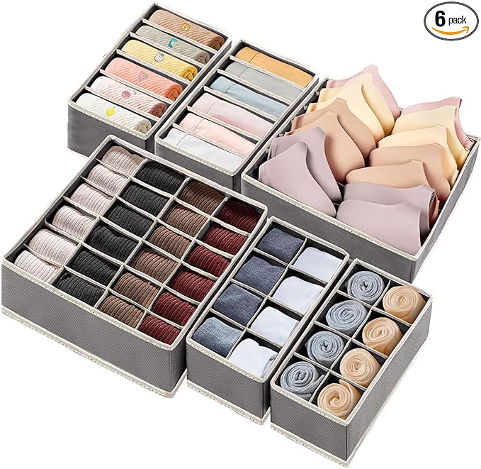 6 Pack Drawer Underwear Organizer, 59-Compartment Foldable Sock Bra Drawer Organizer Divider Fabric Dresser Closet Organizers and Storage Box for Storing Bra, Socks, Baby Clothes, Panty, Scarf, Ties