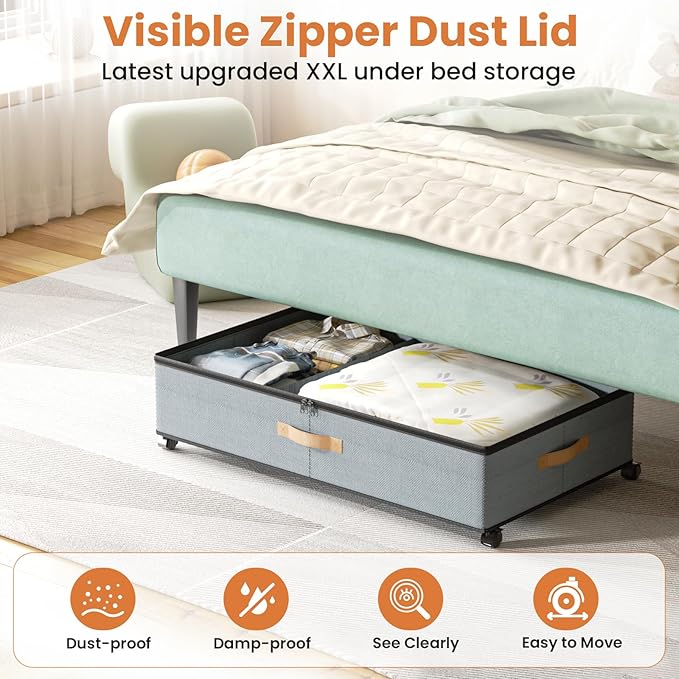 Mqaue Under Bed Storage with Wheels, 72L XXL Under the Bed Storage Containers Large, 10‘’ Tall Adjustable Storage for Underbed with Lids, Rolling for Shoes, Clothes, Blankets, Grey