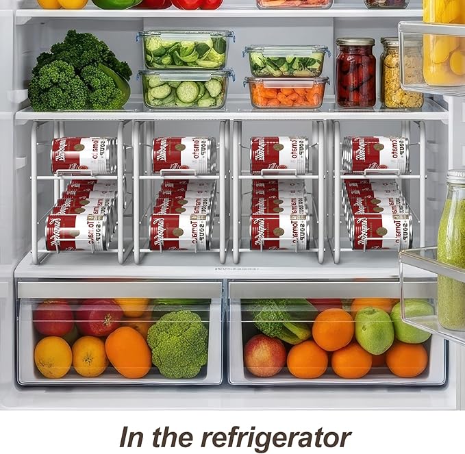 4 Pack Soda Can Organizer, Stackable Metal Can Dispenser for Pantry, Automatic Rolling Canned Food Organizer for Cabinet and Countertop, White.