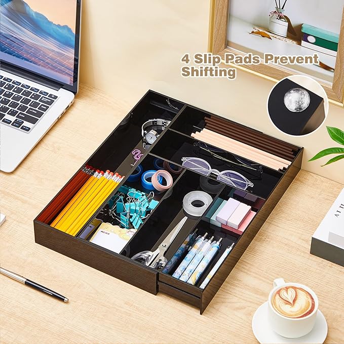 Briwooody 1 Pcs Acrylic Drawer Organizer 9'' up to 18'' x 15'' x 2'' Expandable Drawer Organizer Pens Notebook Ruler Makeup Tray with 7 Adjustable Compartments for Desk Office Kitchen Bathroom(Black)